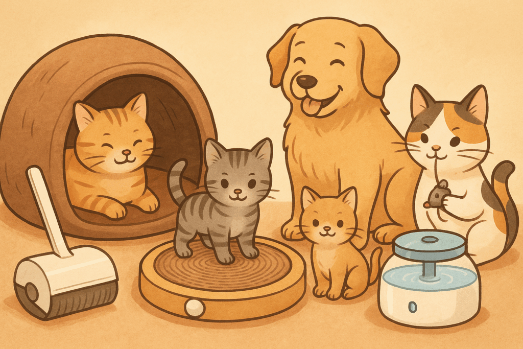 Illustration of dogs and cats with accessories for a pet care bundle